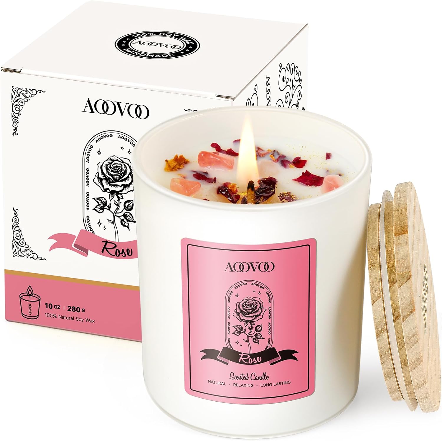 AOOVOO Rose Scented Candles for Women - Aromatherapy Candle with Crystals Inside, 10oz Soy Candles for Home Scented, Birthday Gifts Candle for Women Mom